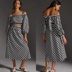 Anthropologie Maeve Black White Gingham Skirt Set Crop Top Midi Maxi Size Small